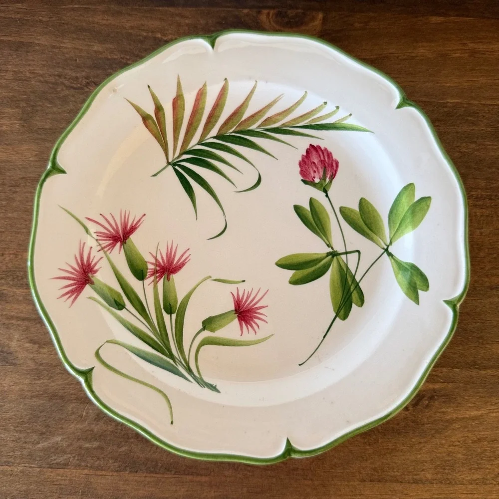 Vintage San Marco Nove Italy Botanical Floral Plate Scalloped Green Rim